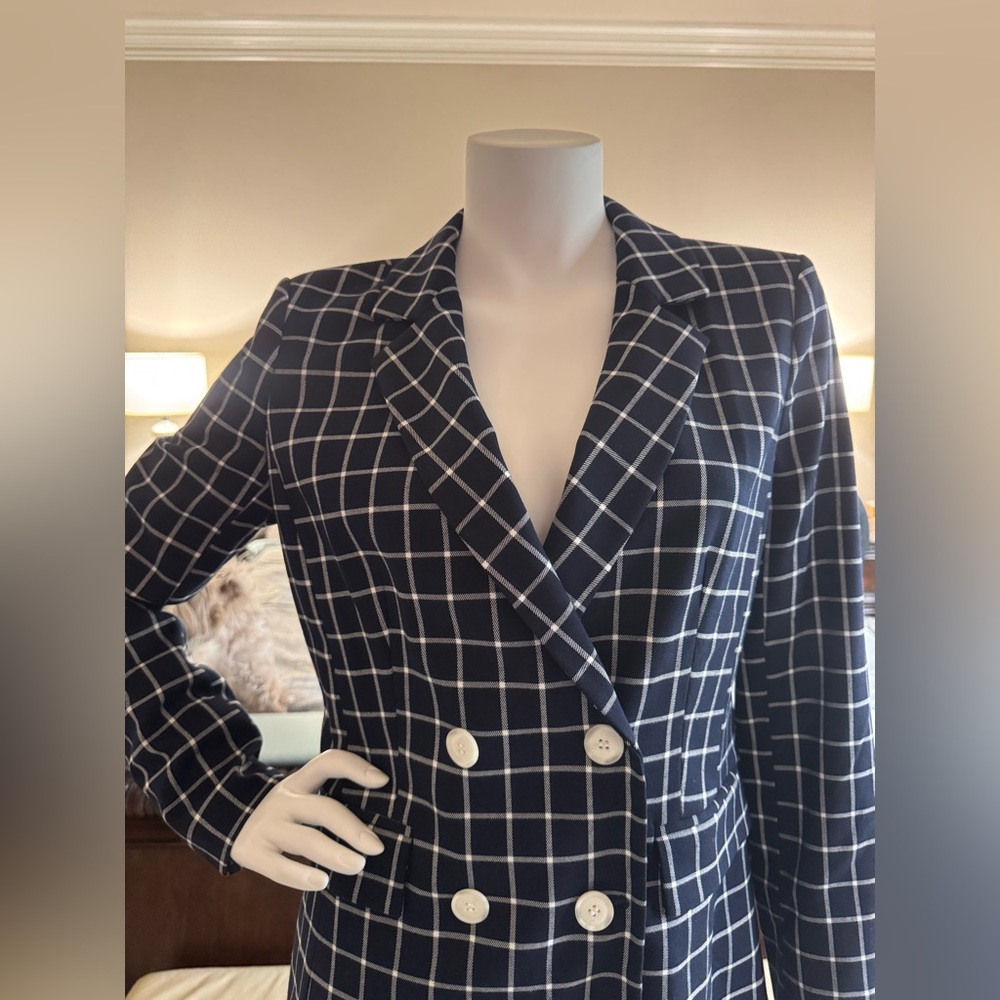 Halogen Double-Breasted Deep Navy Windowpane Blazer – Stretch Knit – Size M